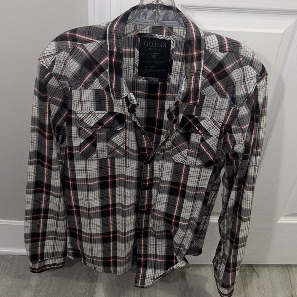 Guess Red and Black Plaid Shirt large